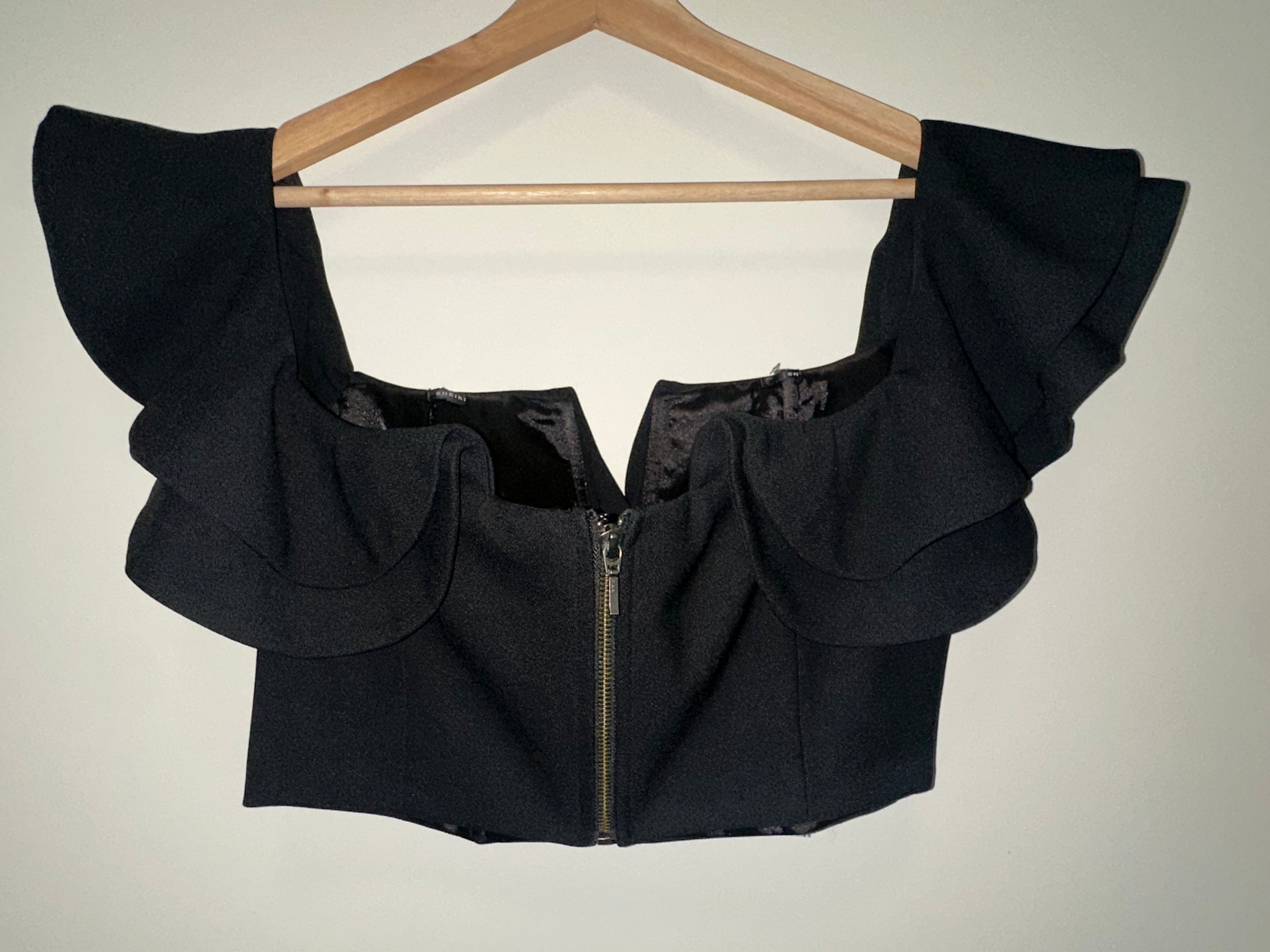 SHEIKE Black Ruffle Crop Top — Size 14